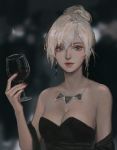  1girl bare_shoulders black_dress blonde_hair blue_eyes borrowed_character breasts cleavage commentary cup dress drinking_glass earrings english_commentary hair_bun holding holding_cup jewelry jiayue_wu lips looking_at_viewer medium_breasts nail_polish necklace nose original portrait red_nails solo strapless strapless_dress tess_turner upper_body wine_glass 