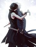  2boys arm_tattoo bare_shoulders black_coat black_gloves black_hair blood blue_coat coat devil_may_cry devil_may_cry_5 donlemefo fingerless_gloves gloves highres holding holding_cane holding_sword holding_weapon katana multiple_boys scabbard sheath stabbing sword tattoo v_(devil_may_cry) vergil weapon white_hair 