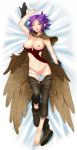  absurd_res altavy_(altavy) animal_humanoid avian avian_humanoid barefoot bird breasts bunny_and_fox_world clothing dakimakura_design falcon falcon_humanoid feathers female hair hi_res humanoid nipples pointy_ears purple_hair pussy shine_artworks solo undressing wings yellow_eyes 