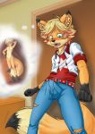  absurd_res anthro balls black_fur blonde_hair blush bulge canid canine embarrassed erection foreskin fur hair hi_res humanoid_penis inner_ear_fluff lucaswilde lucaswilde_(artist) male mammal navel nude open_mouth penis solo standing uncut 