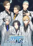  2019 6+boys alternate_hairstyle aqua_eyes aqua_hair black_gloves black_hair blazer blonde_hair blue_eyes brown_eyes brown_hair collared_shirt doudanuki_masakuni facial_scar formal gloves hair_slicked_back hand_on_own_chest highres jacket male_focus multiple_boys necktie one_eye_closed otegine purple_eyes red_eyes scar serota shirt silver_hair smile suit touken_ranbu wavy_hair white_day yagen_toushirou yamabushi_kunihiro yamanbagiri_chougi yamanbagiri_kunihiro yellow_eyes 