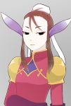  1girl animal_ears black_eyes breasts breath_of_fire breath_of_fire_iv brown_hair bun_cover closed_mouth commentary_request dress eyeshadow gloves highres looking_at_viewer makeup medium_hair simple_background solo ursula_(breath_of_fire) 