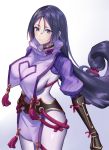  arm_guards bangs black_gloves bodysuit breasts closed_mouth covered_navel curvy fate/grand_order fate_(series) fingerless_gloves from_above gloves large_breasts loincloth long_hair looking_at_viewer low-tied_long_hair minamoto_no_raikou_(fate/grand_order) parted_bangs purple_bodysuit purple_eyes purple_hair ribbed_sleeves rope sakanasoko smile tabard very_long_hair 