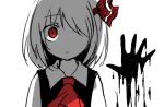  1girl ascot bangs black_vest closed_mouth eyebrows_visible_through_hair fourth_wall hair_ribbon hand_print hinase_kaguya looking_at_viewer medium_hair monochrome one-hour_drawing_challenge red_ascot red_eyes red_ribbon ribbon rumia shirt simple_background solo touhou upper_body vest white_background white_shirt 