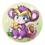  alternate_form black_nose blue_eyes capcom female feral food fur hi_res mammal monkey nikoyosan primate purple_fur shantae shantae_(series) signature sitting smile solo video_games wayforward 