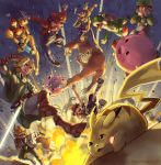  1girl 6+boys absurdres baseball_cap black_eyes body_armor boots brown_footwear captain_falcon commentary creature creatures_(company) donkey_kong donkey_kong_(series) edo-sama english_commentary explosion f-zero falling fox_mccloud furry game_freak gen_1_pokemon green_hat hat highres huge_filesize jigglypuff jumping kirby kirby_(series) link luigi lying mario mario_(series) metroid mother_(game) mother_2 multiple_boys multiple_sources necktie ness nintendo on_stomach overalls pikachu pokemon pokemon_(creature) red_hat red_neckwear samus_aran star_fox super_mario_bros. super_smash_bros. tears the_legend_of_zelda the_legend_of_zelda:_ocarina_of_time yoshi 