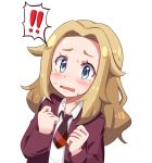  ! !! 1girl blonde_hair blue_eyes blush commentary_request creatures_(company) game_freak jacket long_hair necktie nintendo open_mouth pae_(ac40935_m41) pokemon pokemon_(game) pokemon_swsh school_uniform sharp_teeth shiny shiny_hair shiny_skin shirt simple_background solo spoken_exclamation_mark surprised sweat sweatdrop teardrop teeth tongue unnamed_girl_(pokemon_swsh) white_shirt 