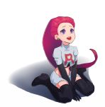  1girl blue_eyes creatures_(company) earrings eyebrows game_freak gloves jewelry lazygyu long_hair musashi_(pokemon) nintendo open_mouth pink_hair pokemon simple_background skirt solo team_rocket very_long_hair white_background 