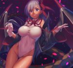  1girl bangs bb_(fate)_(all) bb_(swimsuit_mooncancer)_(fate) black_jacket black_wings breasts competition_swimsuit dark_skin dutch_angle fate/grand_order fate_(series) gluteal_fold grin groin hair_ribbon highleg highleg_swimsuit jacket large_breasts long_hair long_sleeves looking_at_viewer neck_ribbon off_shoulder one-piece_swimsuit open_clothes open_jacket parted_lips petals purple_eyes purple_hair red_neckwear red_ribbon ribbon rotix smile solo swimsuit tareme teeth tentacle thigh_gap thighs v-shaped_eyebrows very_long_hair white_swimsuit wide_sleeves wings 