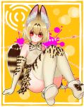  1girl alternate_hair_length alternate_hairstyle animal_ear_fluff animal_ears chromatic_aberration convenient_leg elbow_gloves gloves highres kemono_friends looking_at_viewer notora red_eyes serval_(kemono_friends) short_hair sitting sleeveless solo tail thighhighs 