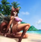  anthro beach bikini breasts camel_toe canid canine clothing elvofirida female looking_at_viewer mammal nipple_outline seaside smile solo swimsuit thick_thighs 