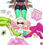  4girls aori_(splatoon) aqua_hair aqua_skin bare_arms bare_shoulders black_hair black_shorts blonde_hair breasts card cellphone collarbone dark_skin domino_mask earrings erect_nipples gluteal_fold gradient_hair green_legwear groin hime_(splatoon) hotaru_(splatoon) iida_(splatoon) jewelry legs_apart lying mask medium_breasts mole mole_under_mouth multicolored multicolored_hair multicolored_skin multiple_girls namuro navel nintendo octarian on_back open_mouth pants pantyhose phone pink_hair pink_pants playing_card pointy_ears purple_legwear shirt short_hair shorts sitting sleeping smartphone smartphone_case splatoon splatoon_(series) splatoon_2 stuffed_toy suction_cups tank_top tentacle_hair two-tone_hair two-tone_skin white_shirt zzz 