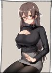  1girl bow brown_hair hair_bow hair_tie half_updo impossible_clothes impossible_sweater kei_(soundcross) long_hair original outline pantyhose pencil_skirt red-framed_eyewear ribbed_sweater semi-rimless_eyewear skirt sweater white_outline 