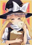  black_dress blush carrying_bag dress eyes_closed food grin happy hat hat_ribbon highres holding holding_food kirisame_marisa long_hair puffy_short_sleeves puffy_sleeves ribbon shirt short_sleeves smile touhou upper_body user_pgdy8837 white_ribbon white_shirt witch witch_hat 