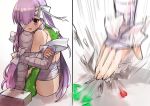  1girl 2koma bandage bandage_over_one_eye bandaged_arm bandaged_leg bandages bongo_cat comic fate/grand_order fate_(series) giantess kingprotea long_hair mojimi_moji moss motion_lines open_mouth purple_eyes purple_hair simple_background sitting solo twitter very_long_hair white_background 