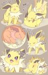  ... :d all_fours azuma_minatsu disembodied_hand eeveelution eyes_closed fangs feral fur inside_pokeball japanese_text jolteon long_ears lying nintendo open_mouth pikachu pok&eacute;ball pok&eacute;mon pok&eacute;mon_(species) purple_eyes scratching spikes spiky_fur text toy translation_request video_games yellow_fur 