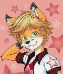  anthro blonde_hair canid canine clothing fox green_eyes hair hi_res jacket looking_at_viewer lucaswilde lucaswilde_(artist) male mammal simple_background smile solo undershirt 