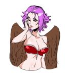  altavy_(altavy) animal_humanoid avian avian_humanoid big_breasts bird breasts bunny_and_fox_world cleavage clothed clothing falcon falcon_humanoid feathers female hair humanoid kyoffie one_eye_closed purple_hair wings wink 