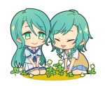  2girls :&gt; aqua_hair bang_dream! blue_neckwear blue_shirt blue_skirt chibi clover clover_(flower) commentary_request eyes_closed flower four-leaf_clover green_eyes hanasakigawa_school_uniform hands_on_lap haneoka_school_uniform hikawa_hina hikawa_sayo long_hair miniskirt multiple_girls neckerchief on_ground open_mouth outdoors pleated_skirt school_uniform seiza serafuku shirt short_hair short_sleeves siblings side_braids simple_background sisters sitting skirt smile sweater_vest tozaki_(r_sailing) triangle_mouth twins wariza white_background white_skirt 