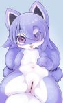  anthro canid canine canis canopus335 censored cub domestic_dog female flat_chested hair hair_over_eye hi_res kemono looking_at_viewer mammal navel nude purple_eyes purple_hair pussy tongue tongue_out young 