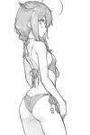  1girl ahoge ass braid casual_one-piece_swimsuit cowboy_shot dan_(kumadan) from_behind greyscale hair_flaps hair_over_shoulder kantai_collection monochrome one-piece_swimsuit profile remodel_(kantai_collection) shigure_(kantai_collection) side-tie_swimsuit simple_background single_braid solo standing swimsuit 