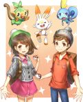  &gt;_&lt; 1boy 1girl 2578221183 :d absurdres backpack bag bangs beanie blue_eyes blush brown_eyes brown_hair cardigan closed_mouth commentary_request cowboy_shot creatures_(company) d: eyebrows eyebrows_visible_through_hair eyes_closed facing_viewer female_protagonist_(pokemon_swsh) game_freak gen_8_pokemon green_hat grookey hair_between_eyes hat highres holding holding_poke_ball long_sleeves looking_at_viewer male_protagonist_(pokemon_swsh) nintendo open_mouth poke_ball poke_ball_(generic) pokemon pokemon_(creature) pokemon_(game) pokemon_swsh red_shirt scorbunny shiny shiny_hair shirt short_hair simple_background smile sobble standing star tam_o&#039;_shanter upper_teeth xd 