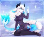  5_fingers absurd_res anthro blue_eyes breasts clothed clothing digital_media_(artwork) dragon eyelashes female hair hi_res horn koveliana legwear smile stockings sweater thigh_highs white_hair 