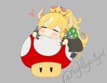  &lt;3 blonde_hair blush bowser bowsette_meme bracelet chibi clothing crown dress ear_piercing ear_ring fangs female hair hi_res horn humanoid jewelry love mario mario_bros mushroom nintendo piercing shell super_crown video_games 