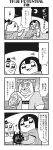  1boy 2girls 4koma :3 bangs bkub blunt_bangs calimero_(bkub) campfire chakapi cloak comic cracking_knuckles crescent_moon earrings facial_hair fire glasses greyscale hair_ornament hair_scrunchie halftone highres honey_come_chatka!! hood hood_down hooded_cloak instrument jacket jewelry magic monochrome moon multiple_girls muscle music mustache necklace night notice_lines ocarina open_mouth playing_instrument pointing scrunchie shirt short_hair shouting simple_background speech_bubble supreme talking topknot track_suit translation_request two-tone_background 