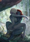  2girls ass awoken blonde_hair blue_eyes blue_skin breast_press breasts commission cutesexyrobutts destiny_(game) highres huge_breasts large_breasts legs mara_sov multiple_girls nipples nude petra_venj red_hair rock short_hair thick_thighs thigh_grab thighs water waterfall yuri 