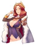  1girl blush breasts buttons cape chains character_request cleavage copyright_request fur_trim grey_eyes highres large_breasts laurel_crown medium_hair milk4290 navel no_pants orange_hair parted_lips simple_background solo upper_body white_background white_cape 