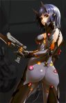  ass bangs black_eyes breasts glowing gun hiragana_(gomasyabu) holding holding_gun holding_weapon horns knife looking_back magazine_(weapon) mecha_musume original parted_lips purple_hair short_hair smile spine spinning standing weapon 