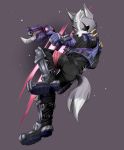  2019 absurd_res anthro black_nose boots canid canine clothing dipstick_tail eye_patch eyewear fingerless_gloves footwear fur gloves grey_fur gun handgun hi_res male mammal multicolored_tail nintendo nobllite ranged_weapon red_eyes solo star_fox video_games weapon white_fur wolf_o&#039;donnell 