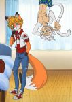  absurd_res anthro bed blonde_hair blue_eyes blush boxers_(clothing) canid canine clothed clothing curtains fox fur green_eyes hair hi_res jacket lucaswilde lucaswilde_(artist) male mammal monkey nipples orange_fur primate solo topless undershirt underwear white_fur 
