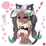  1girl ^_^ animal animal_ear_fluff animal_ears aqua_hair aqua_skin bandanna bare_shoulders black_hair blush cat_day cat_ears cat_girl cat_tail closed_eyes closed_mouth dark_skin dated eyes_closed furrowed_eyebrows gradient_hair groin headphones heart hime_(splatoon) iida_(splatoon) kemonomimi_mode long_hair mole mole_under_mouth motion_lines multicolored multicolored_hair multicolored_skin namuro navel_piercing nose_blush octarian paw_print piercing smile splatoon splatoon_(series) splatoon_2 splatoon_2:_octo_expansion squid suction_cups tail tail_raised tentacle_hair two-tone_hair two-tone_skin white_background yellow_eyes 