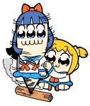  2girls :3 bangs bkub blue_eyes blue_hair blue_sailor_collar blue_skirt bow brown_footwear commentary eyebrows_visible_through_hair hair_bow hair_ornament hair_scrunchie long_hair motion_lines multiple_girls neckerchief orange_hair pipimi poptepipic popuko red_bow red_neckwear sailor_collar school_uniform scrunchie serafuku shoes short_hair short_twintails sidelocks simple_background sitting sitting_on_ground skirt smoke spinning twintails two_side_up white_background wood yellow_eyes yellow_scrunchie 
