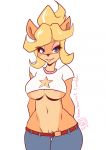  bandicoot bearbox_doodletimes big_breasts blonde_hair blue_eyes breasts cleavage_cutout clothing coco_bandicoot crash_bandicoot_(series) eyelashes hair hi_res looking_at_viewer mammal marsupial nipple_slip pubes simple_background thigh_gap tight_clothing under_boob video_games 