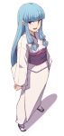  1girl :d arms_at_sides bangs blue_hair blunt_bangs eyebrows_visible_through_hair fang full_body hair_bobbles hair_ornament japanese_clothes kimono kiriha_(tsugumomo) long_hair long_sleeves looking_to_the_side michihasu obi open_mouth pointy_ears red_eyes sash simple_background smile solo tsugumomo very_long_hair white_background 