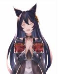  1girl :d ^_^ animal_ears bangs black_hair black_jacket blush closed_eyes commentary_request crying dress ear_piercing erune eyes_closed facing_viewer granblue_fantasy hair_between_eyes hands_together hands_up highres jacket long_hair long_sleeves niia open_clothes open_jacket open_mouth own_hands_together pak_ce piercing simple_background smile solo tears very_long_hair white_background white_dress wide_sleeves 
