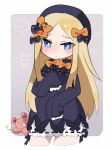  1girl abigail_williams_(fate/grand_order) bangs black_bow black_dress black_hat blonde_hair bloomers blue_eyes blush bow bug butterfly claws closed_mouth commentary_request cowboy_shot cropped_legs dress eyebrows_visible_through_hair fate/grand_order fate_(series) forehead grey_background hair_bow hat insect long_hair long_sleeves looking_at_viewer orange_bow parted_bangs polka_dot polka_dot_bow sleeves_past_fingers sleeves_past_wrists solo sparkle spoken_blush star stuffed_animal stuffed_toy tanaka_yuugo teddy_bear two-tone_background underwear very_long_hair white_background white_bloomers 