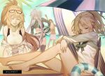  1boy 3girls @ arms_on_knees artist_name ball bare_legs bare_shoulders barefoot beach beachball bent_over bikini black_bikini black_jacket blonde-hair blonde_hair braid breasts brown_hair collarbone commentary_request eyewear_on_head fate/grand_order fate_(series) from_behind fujimaru_ritsuka_(male) glasses gyudong123 hair_ornament hair_scrunchie jacket jeanne_d&#039;arc_(alter)_(fate) jeanne_d&#039;arc_(fate) jeanne_d&#039;arc_(fate)_(all) large_breasts long_hair long_sleeves looking_at_another looking_down mordred_(fate) mordred_(fate)_(all) multiple_girls navel outdoors palm_tree red_scrunchie scrunchie shirt short_hair sitting smile standing swimsuit thighhighs topless tree umbrella water white_bikini white_hair white_shirt 