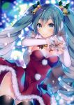  1girl absurdres aqua_eyes aqua_hair bell black_legwear breasts christmas drill_hair earmuffs elbow_gloves gloves hair_bell hair_ornament hatsune_miku highres holly_hair_ornament huge_filesize long_hair looking_at_viewer medium_breasts sack santa_costume scan shiomizu_(swat) smile solo thighhighs twin_drills twintails very_long_hair vocaloid white_gloves 