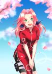  1girl :d absurdres bandage bike_shorts black_shorts blue_headband blue_sky blurry blurry_background blush cherry_blossoms dress floating_hair green_eyes hair_intakes hands_together haruno_sakura highres leaning_forward lens_flare long_hair looking_at_viewer naruto naruto_(series) open_mouth pink_hair red_dress short_sleeves shorts shorts_under_dress side_slit sky smile solo standing typhoon0418 