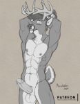  2019 abs anthro antlers balls capreoline cervid erection horn humanoid_penis male mammal monochrome muscular muscular_male penis pose precum richard_foley smile solo white-tailed_deer 