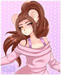  :&lt; angry arms_out brown_hair bust_portrait button_nose chinchilla cinnamon_(sinamuna) clothing exposed_shoulders female fur glaring hair heterochromia long_hair mammal nupudinscully pink_eyes pink_fur ponytail portrait pouting rodent solo sweater yellow_eyes 