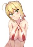  1girl ahoge bangs bare_shoulders blonde_hair blush braid breasts collarbone criss-cross_halter eyebrows_visible_through_hair fate/extra fate_(series) french_braid frown green_eyes hair_intakes halterneck highres nero_claudius_(fate) nero_claudius_(fate)_(all) red_swimsuit shiny shiny_clothes shiny_hair short_hair sideboob sikijou77o simple_background slingshot_swimsuit solo swimsuit upper_body white_background 