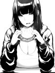  1girl bangs bare_shoulders bitten black_eyes black_hair breasts cleavage collarbone commentary dripping elbows_on_table eyebrows food hamburger highres jacket long_hair long_sleeves looking_to_the_side monochrome naoko_(9113419) open_clothes open_jacket open_mouth shiny shiny_hair simple_background solo table white_background 