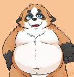  2019 anthro belly black_nose blue_eyes canid canine canis domestic_dog humanoid_hands male mammal moobs navel overweight overweight_male simple_background solo teeth tiri_mama tongue 