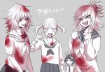  2girls alternate_hairstyle bangs blood bloody_clothes blunt_bangs boku_no_hero_academia cardigan dual_persona fangs jirou_kyouka messy_hair multiple_girls nashimo_(artist) open_mouth pleated_skirt school_uniform serafuku sharp_teeth skirt teeth toga_himiko tongue twintails 