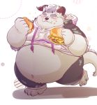  2019 anthro behemoth_(housamo) belly blush burger clothing eyes_closed food horn humanoid_hands male monster natamaru_a navel overweight overweight_male pants simple_background solo tokyo_afterschool_summoners video_games 